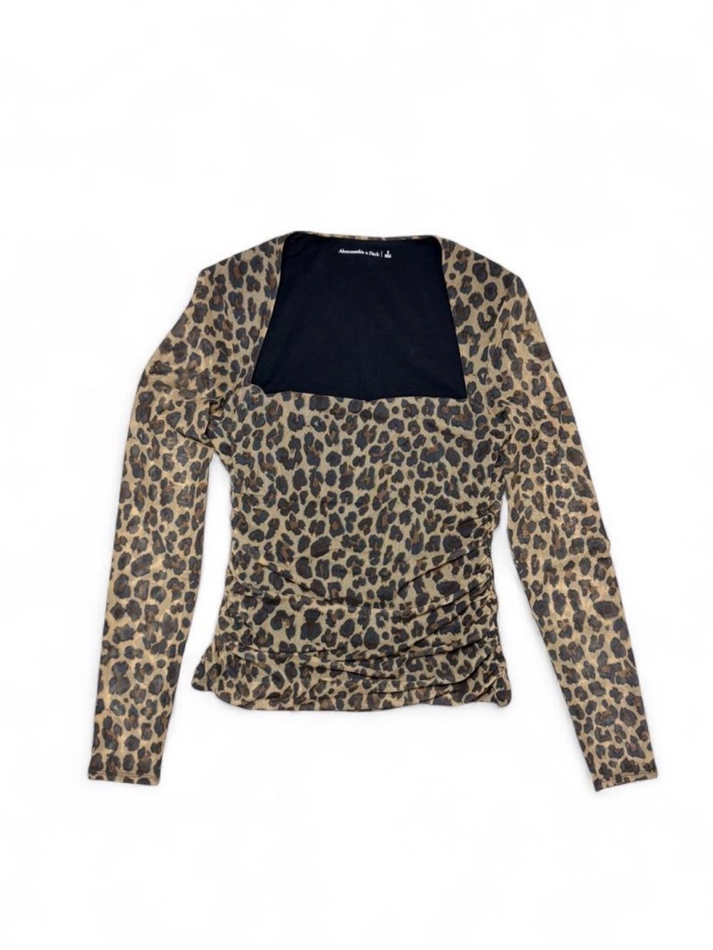 Abercrombie & Fitch Small Leopard Mesh Ruched Square Neck Long Sleeve Top